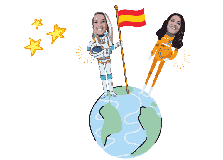 Une fusée décolle au-dessus du globe, portée par deux enseignantes d'espagnol